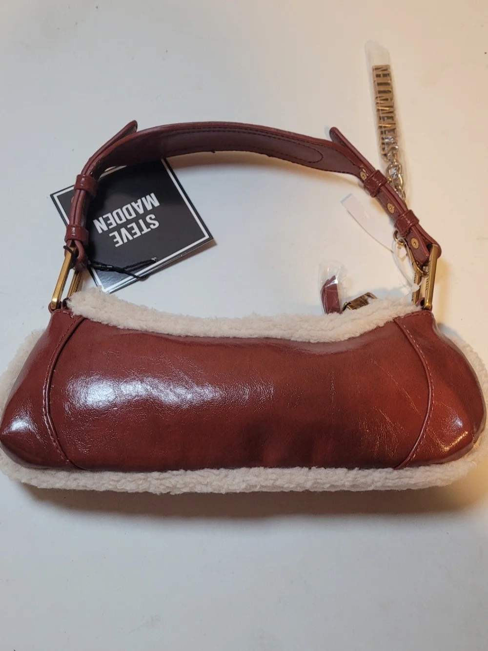 Steve Madden Chestnut Brown Leather Shoulder Bag with Cream Shearling Trim
